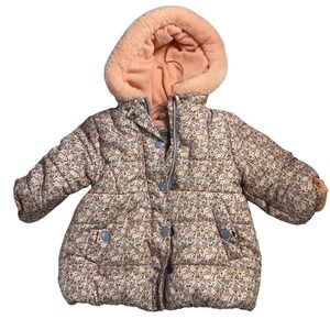 Kensie Girl Baby Floral Puffer Jacket 12M Pink Peach Blue Flowers Faux Fur Hood